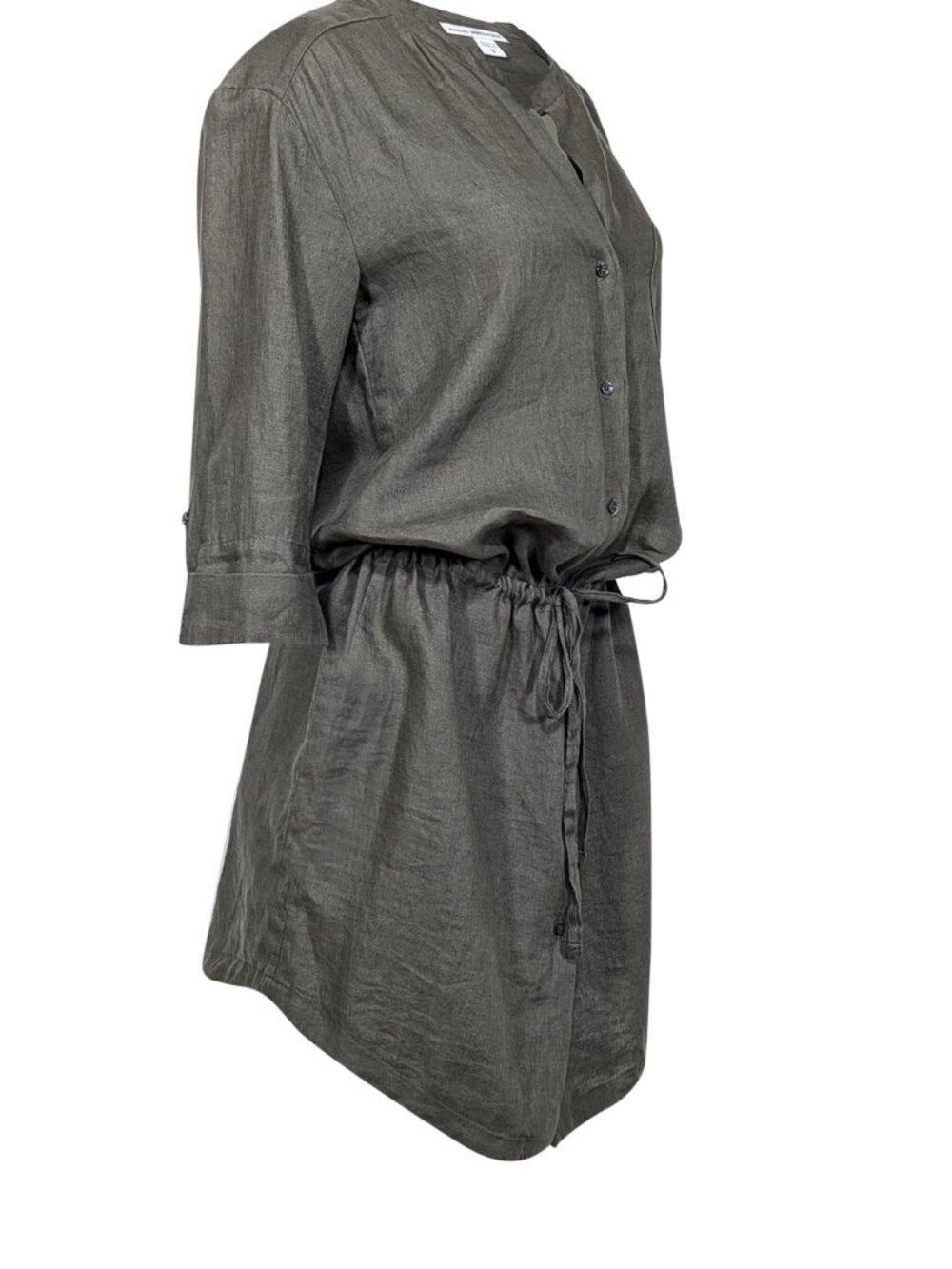 James Perse Linen Shirt Dress Olive Green Button 3/4 Sleeve Size L